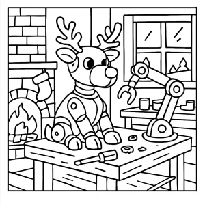 Cozy robotic reindeer workshop omalovánka – zimní dílna s robotickými soby, omalovánka pro děti ke stažení zdarma