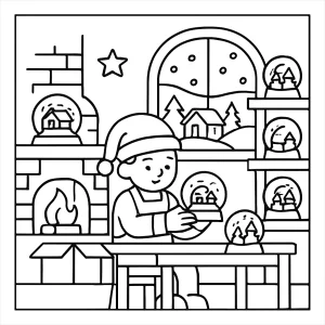 Omalovánka – coloring page s útulnou továrnou na sněhové koule, detailní zimní scéna pro děti k vybarvení.