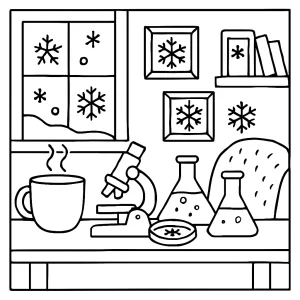 Cozy snowflake science lab omalovánka zdarma – detailní zimní laboratoř plná sněhových vloček k vybarvení
