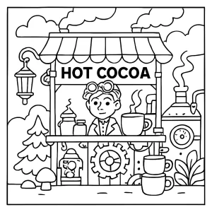 Steampunkový stánek s horkou čokoládou – omalovánka ke stažení zdarma, coloring page pro děti
