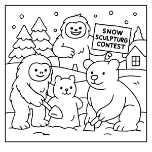 Página para colorear de concurso de yetis esculpiendo esculturas de nieve en un ambiente invernal acogedor