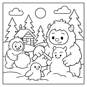 Veselá omalovánka Yeti snow-sculpting contest – coloring page s yetim a sněhovou soutěží