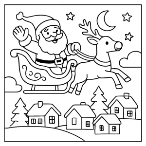Malvorlage: Weihnachtsmann auf seinem Schlitten fliegt über ein verschneites Dorf – coloring page zum Ausdrucken