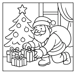 Santa placing gifts under the Christmas tree coloring page for kids