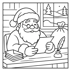 Santa reading letters at his North Pole desk coloring page, printable for kids