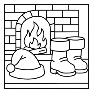 Malvorlage mit Weihnachtsmanns Stiefel und Mütze am Kamin, coloring page zum Ausdrucken