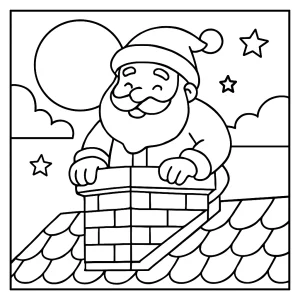 Malvorlage Santa im Schornstein bei Mondlicht – kostenlose coloring page zum Ausdrucken