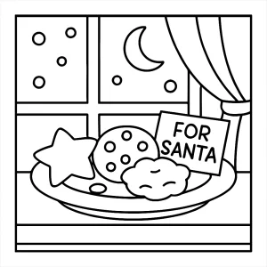 Santa’s cookie plate on the windowsill coloring page – free printable holiday scene for kids