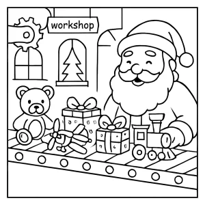 Santa’s Workshop Toy Conveyor coloring page for kids to print and color