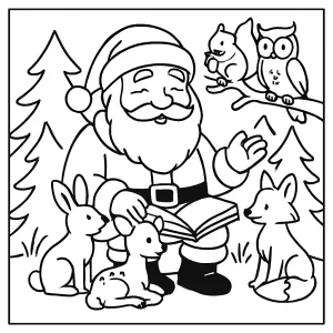 Santa sharing a story with woodland animals coloring page, free printable for kids