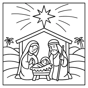 Weihnachtsstern über einer Krippe Malvorlage – kostenlose coloring page zum Ausmalen für Kinder