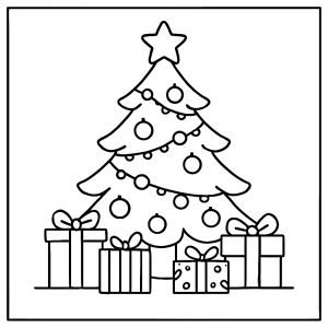 Malvorlage Weihnachtsbaum mit Geschenken zum Ausmalen – kostenlose coloring page für Kinder
