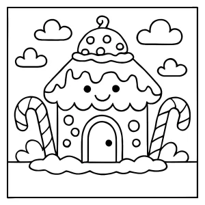 Fröhliches Lebkuchenhaus coloring page: Malvorlage mit Zuckerstangen und Zuckerguss zum Ausmalen für Kinder
