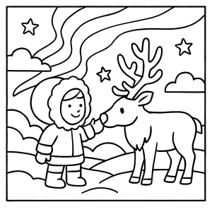 Free printable coloring page of a child and reindeer under the Northern Lights, designed for kids.