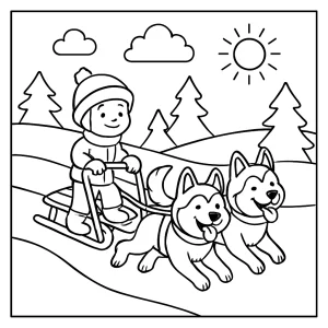 Coloring page of a child riding a sleigh with two huskies in the snow