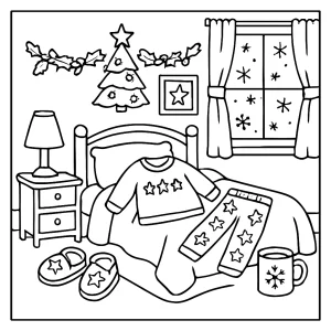 Gemütliches Weihnachtszimmer mit Pyjamas als Malvorlage (coloring page) zum Ausmalen