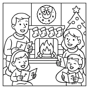 Malvorlage einer Familie, die am Kamin Weihnachtslieder singt – kostenlose coloring page zum Ausdrucken