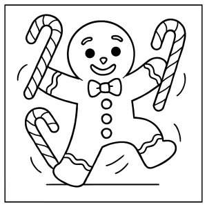 Festive gingerbread man dancing with candy canes coloring page for free printable holiday fun