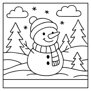 Schneemann Malvorlage: coloring page mit freundlichem Schneemann, Schal und Hut in verschneiter Winterlandschaft