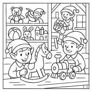 Elfenwerkstatt Malvorlage, coloring page mit fleißigen Elfen und vielen Spielsachen zum Ausmalen
