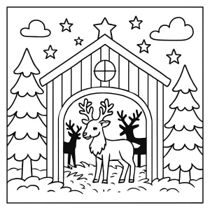 Magical reindeer stable coloring page featuring fantasy reindeer, snowy stalls, and enchanting holiday decorations.