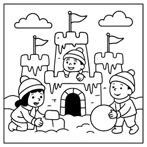 Página para colorear de un castillo de nieve construido por niños con banderas e icicles, lista para imprimir y pintar