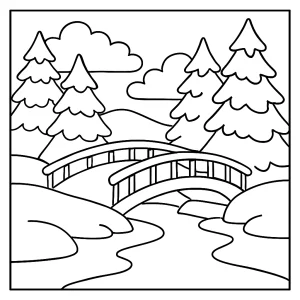 Snowy Bridge Over Frozen Stream coloring page featuring a snow-covered bridge, frozen stream, and fir trees for kids to print and color.