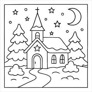 Malvorlage einer schneebedeckten Kirche bei Mitternacht zu Weihnachten, coloring page zum Ausdrucken