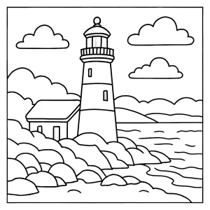 Snow-covered lighthouse on a winter coast coloring page for free printable fun