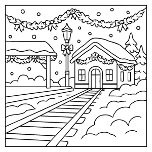 Snowy railway station coloring page with garlands for kids to print and color
