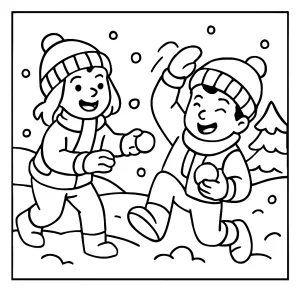 Siblings' snowball fight coloring page showing children playing in the snow