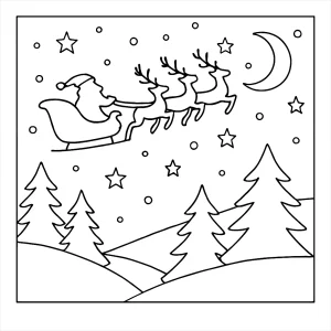 Page de coloriage d’un ciel d’hiver avec la silhouette du Père Noël et de ses rennes devant la lune, à imprimer gratuitement.