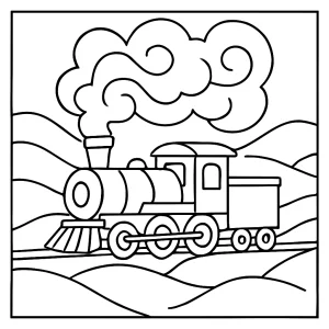 Winter train crossing snowy hills coloring page with swirling smoke, printable and free for kids to color.