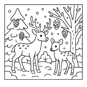 Winterwald mit Rehen Malvorlage – kostenlose coloring page zum Ausdrucken und Ausmalen für Kinder