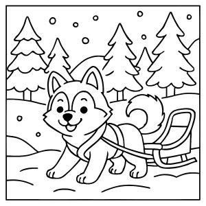 Malvorlage: Ein süßer Husky zieht einen Schlitten durch einen verschneiten Wald – kostenlose coloring page zum Ausmalen.