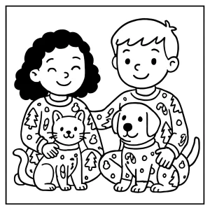 Malvorlage: Kinder und Haustiere in passenden Pyjamas, kostenlose coloring page zum Ausdrucken