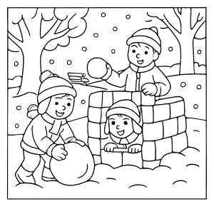 Malvorlage Coloring Page: Kinder bauen eine Schneefestung im verschneiten Park