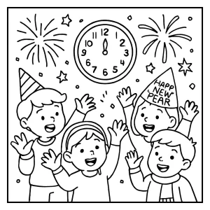 Kids Counting Down to New Year coloring page featuring children gathered around a clock with festive decorations.