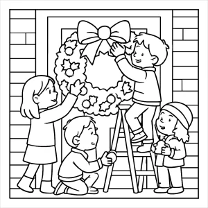 Malvorlage Coloring Page: Kinder dekorieren einen großen Kranz an der Haustür