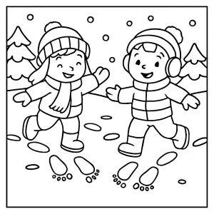 Page de coloriage d’enfants marchant dans la neige et laissant des empreintes hivernales à colorier