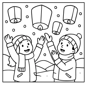 Kinder lassen Laternen im Winter steigen Malvorlage, kostenlose coloring page zum Ausmalen für Kinder