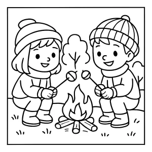 Children roasting chestnuts over a fire coloring page, printable and free for kids
