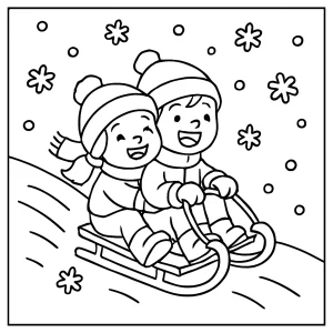 Winter Malvorlage: Kinder fahren Schlitten unter Schneeflocken – coloring page kostenlos