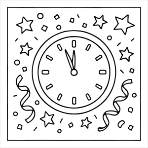 Midnight clock striking twelve with confetti and stars coloring page