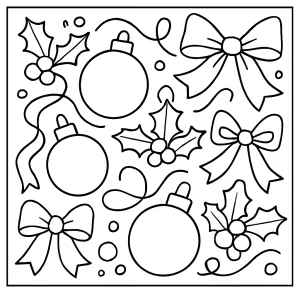 Malvorlage mit Weihnachtskugeln, Stechpalmen, Bändern und Schleifen – kostenlose coloring page zum Ausdrucken