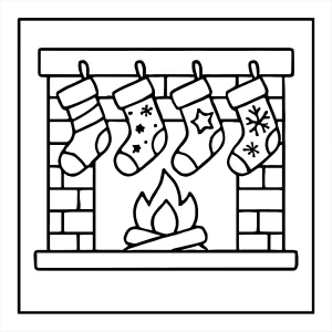 Página para colorear de calcetines navideños colgados en la chimenea, ideal para imprimir y colorear gratis