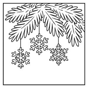 Frosted pine branches with hanging snowflakes coloring page, free printable design for kids