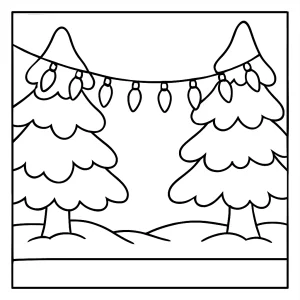 page de coloriage d’enfants montrant des guirlandes lumineuses suspendues entre des arbres enneigés