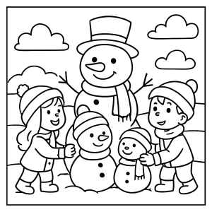 Children building a snowman family in winter, coloring page for free printable use