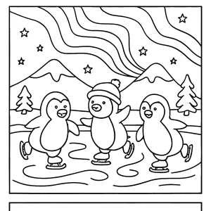 Malvorlage mit Pinguinen, die auf einem gefrorenen Teich unter Nordlichtern Schlittschuh laufen – coloring page zum Ausdrucken